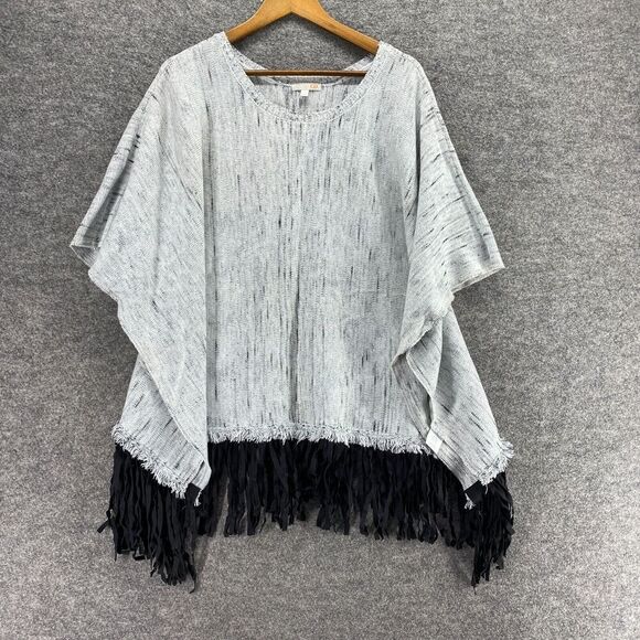 GB Poncho Sweater Women L Large Gray Short Sleeve Fringe Round Neck Casual - Picture 1 of 9